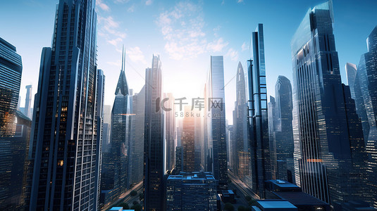 令人惊叹的城市摩天大楼 3D 渲染作为高清背景的设计元素