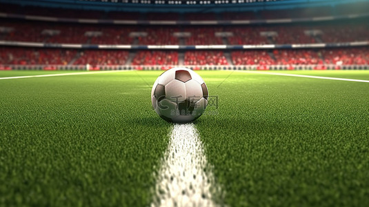 游戏背景图片_渲染的足球场 3D 图像，带有白色开球文本