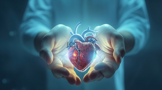 手和心背景图片_医疗行动中的 3d 渲染医生的手温柔地照顾心脏