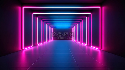 霓虹灯舞台背景图片_时尚的 3D 渲染，在带有紫外线的未来空间中呈现粉色和蓝色霓虹灯线几何形状
