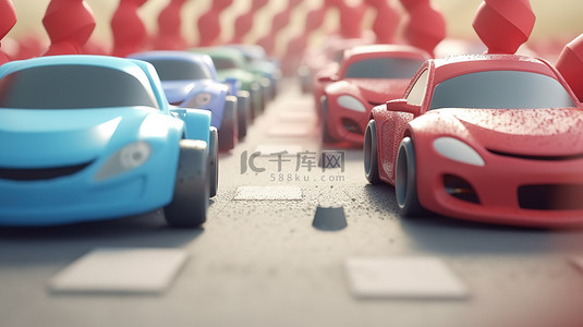 儿童竞赛激烈的儿童汽车争夺终点线的 3D 插图