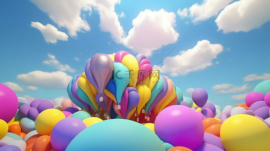 像素漂亮的彩虹插画背景图片_柔和的粉彩气球云和彩虹螺旋在蓝天上以 3d 呈现