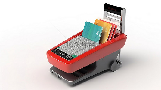 终端背景图片_白色背景上带有购物车的信用卡支付终端的 3D 渲染