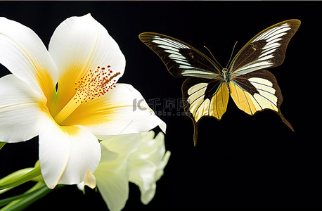 白花上一只金色蝴蝶的照片