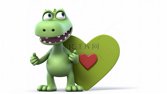 可爱的 3D 恐龙吉祥物，带有标语牌和心
