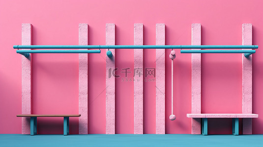 有趣的双色调风格粉色墙吧，适合儿童游乐场，在 3D 渲染的充满活力的蓝色背景上