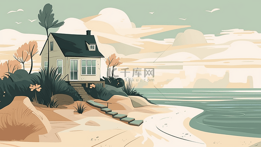 沙滩背景图片_卡通房子海边背景插画