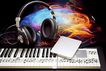 音乐的播放器背景图片_音乐技术 CD CD 播放器和耳机 键盘和音乐