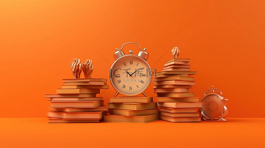 橙色背景的时钟和书籍是教育的艺术表现