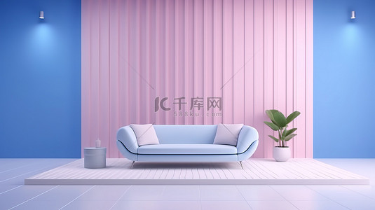 瓷砖地板背景图片_现代生活空间，配有马赛克瓷砖地板上的白色沙发海湾照明和充满活力的粉红色墙壁 3D 渲染