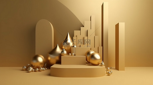 圣诞背景背景图片_具有极简主义抽象圣诞背景的 3D 渲染金色几何讲台