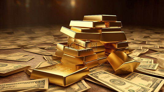 金融背景图片_金色宝藏是财富和金融投资3D渲染的象征