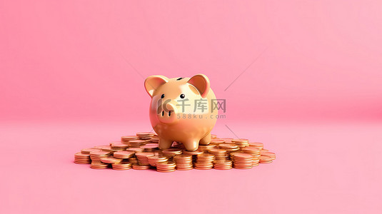 储蓄背景图片_粉红色存钱罐的 3D 渲染，金币象征粉红色背景下的财务储蓄和增长