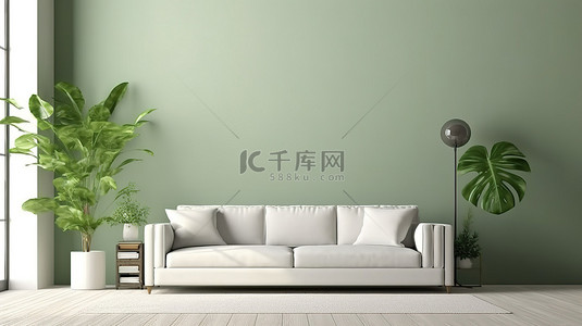 白色海报白色海报背景图片_当代室内设计绿色家居背景与白色沙发墙模型和 3D 渲染