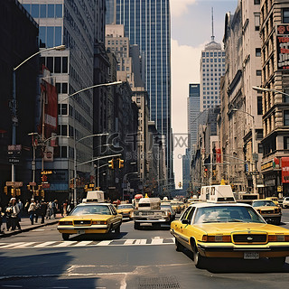 城市街景的照片，有出租车和高楼