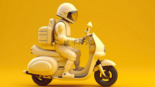 摩托车背景图片_黄色背景下 3D 渲染中宇航员骑摩托车的侧视图