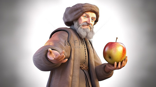 令人惊叹的 3D 插图中拿着苹果的中世纪英雄