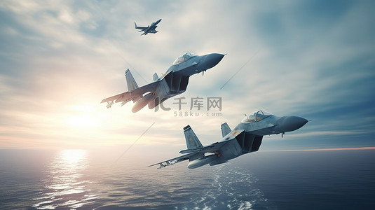 火爆进行中背景图片_3d 渲染两架战斗机在海洋上与战机进行战斗