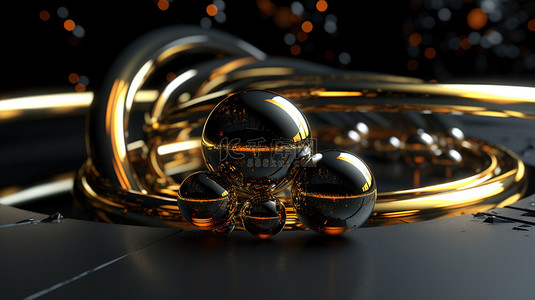 金色球体和圆环包围着深色大理石球体，在深色背景上特写 3D 渲染