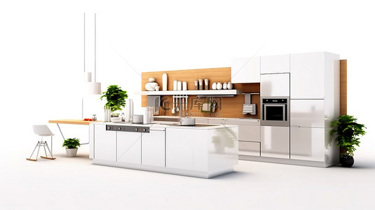 家庭背景图片_现代厨房家具和设备白色背景 3D 渲染