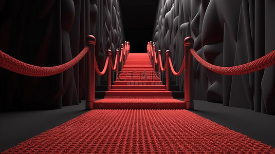 令人惊叹的 3D 图像，红地毯由绳索屏障围成，末端有楼梯