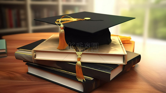 大学毕业背景图片_毕业必需品学位帽文凭和书籍的 3D 渲染插图