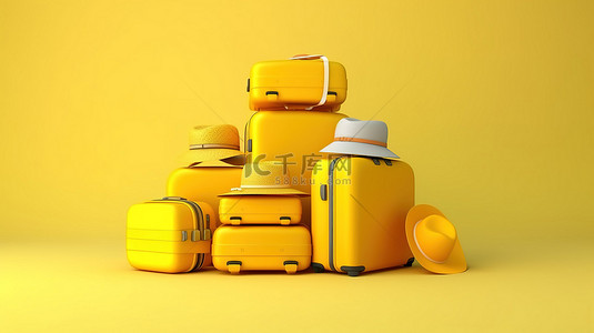 旅行主题 3D 渲染，以黄色手提箱为特色，中间有帽子