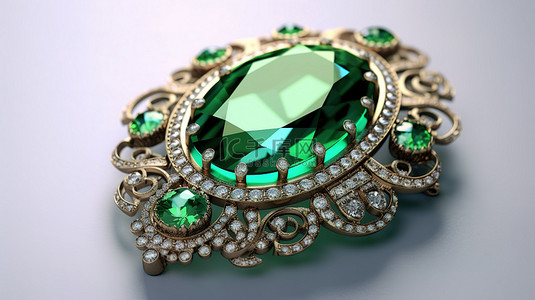 绿色珠宝背景图片_复古巴洛克胸针，白色背景 3d 渲染上镶嵌着绿色钻石宝石