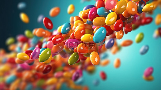 生日背景图片_飞行中充满活力的果冻豆糖果的 3d 插图