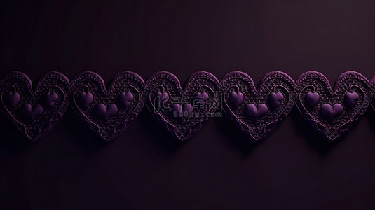 2 月 14 日对称心形图案简约深紫色长横幅 3D 渲染
