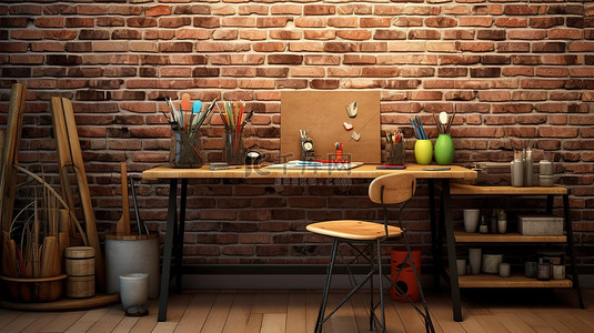 家庭办公室有砖墙背景，配有工艺桌和充足的复制空间，用于绘画工具 3D 渲染