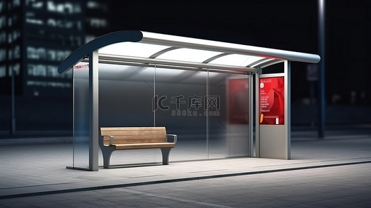 样机公交车站候车亭标志的 3D 渲染