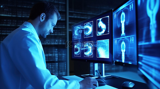 男医生在电脑上检查病人的记录，同时拿着 3D 合成图像中的剪贴板
