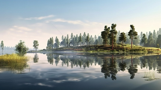 夏天的池塘背景图片_森林景观中宁静的湖泊倒影的令人惊叹的 3D 渲染