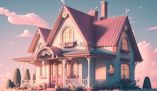 粉色云朵卡通建筑卡通房子背景
