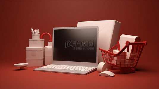 终极背景图片_数字购物狂欢计算机的 3D 渲染，带有信用卡购物篮产品和纸袋，提供终极电子商务体验