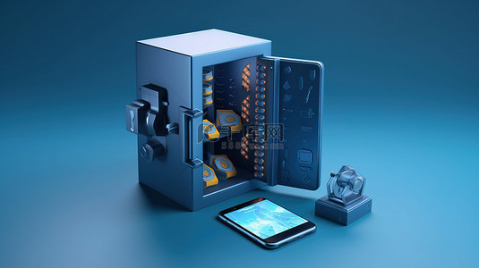 蓝色服务器背景图片_具有多种货币的安全保险箱 高级安全防护智能手机和蓝色 3d 渲染服务器