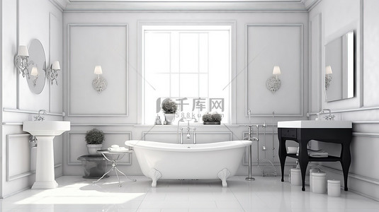 现代设施与经典风格的结合 3D 渲染的浴室配有花盆和优雅的家具