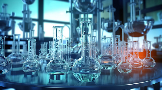 室背景增强了化学烧瓶和实验室玻璃器皿的 3D 渲染