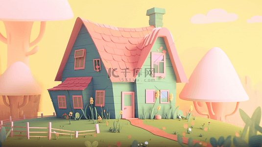 红色卡通可爱背景图片_草地栅栏可爱的房子卡通房子背景