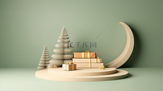 红金背景图片_节日平台装饰装饰着松树和 3D 礼物
