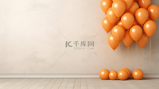 中性米色墙壁背景上的一堆橙色气球在令人印象深刻的 3D 插图中呈现为水平横幅