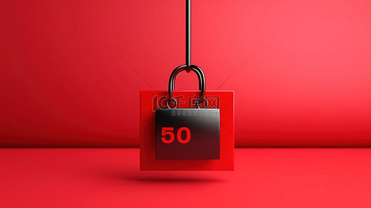 黑色星期五销售概念设计的红色背景上的吊牌和百分比的 3D 渲染