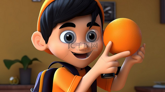 水果卡通男孩背景图片_俏皮的 3D 卡通青少年与清爽的橙色水果