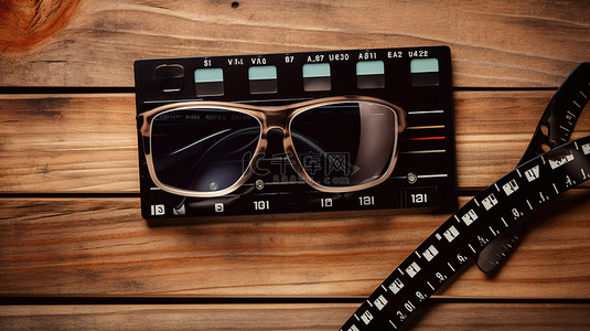电影胶带背景图片_木质背景的顶视图，配有电影拍板胶带和 3D 眼镜，非常适合电影行业和娱乐