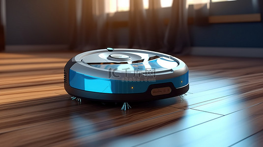 地面清洁背景图片_革命性的清洁创新 3D 渲染的木地板上的智能机器人真空吸尘器