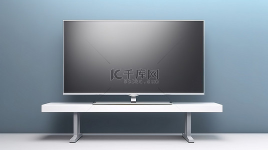 LED面板背景图片_逼真的 LED 电视在支架上，带有 3D 渲染的空白屏幕平板智能电视模型