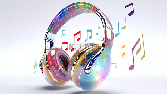 防噪耳机背景图片_3D 渲染耳机，白色背景上有多种颜色的音符