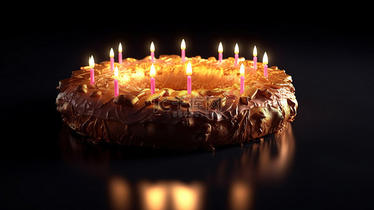 用 3D 渲染的比特币蛋糕甜甜圈和蜡烛庆祝