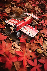 一架旧的红色玩具飞机掉在树叶里